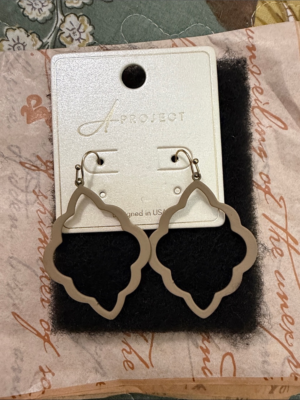 A-Project Taupe Quatrefoil Drop Earrings Dangle 2inch